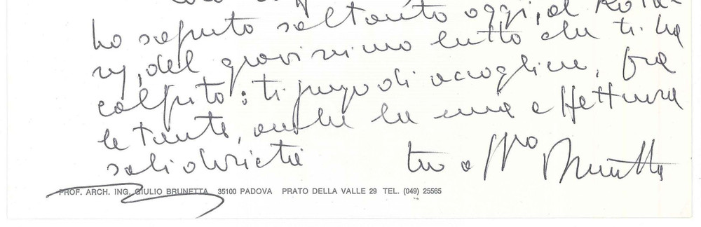 Autografo originale 1978 PADOVA Biglietto Giulio BRUNETTA per condoglianze  AUTOGRAFO 1