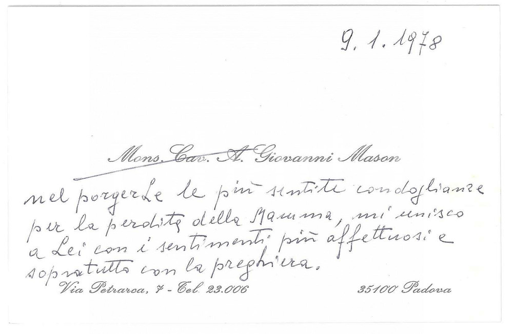Autografo originale 1978 PADOVA Monsignor Giovanni MASON Biglietto da visita AUTOGRAFO 13x8cm 1