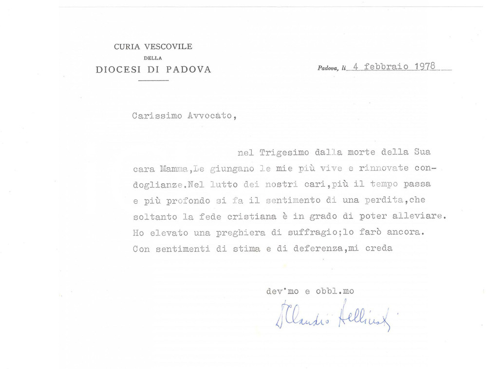 Autografo originale 1978 PADOVA Lettera don Claudio BELLINATI condoglianze Autografo 1