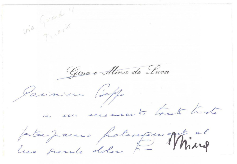 Autografo originale 1978 TRIESTE Gino e Mina DE LUCA Biglietto da visita AUTOGRAFO 13x8cm 1