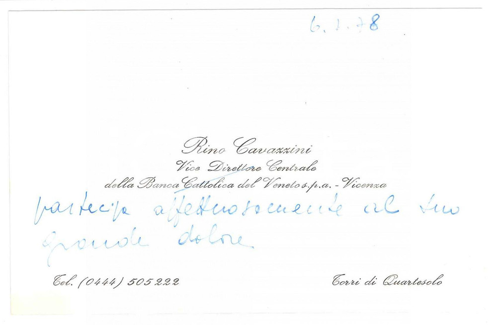 Autografo originale 1978 TORRI DI QUARTESOLO Rino CAVAZZINI Biglietto da visita AUTOGRAFO 13x8 cm 1
