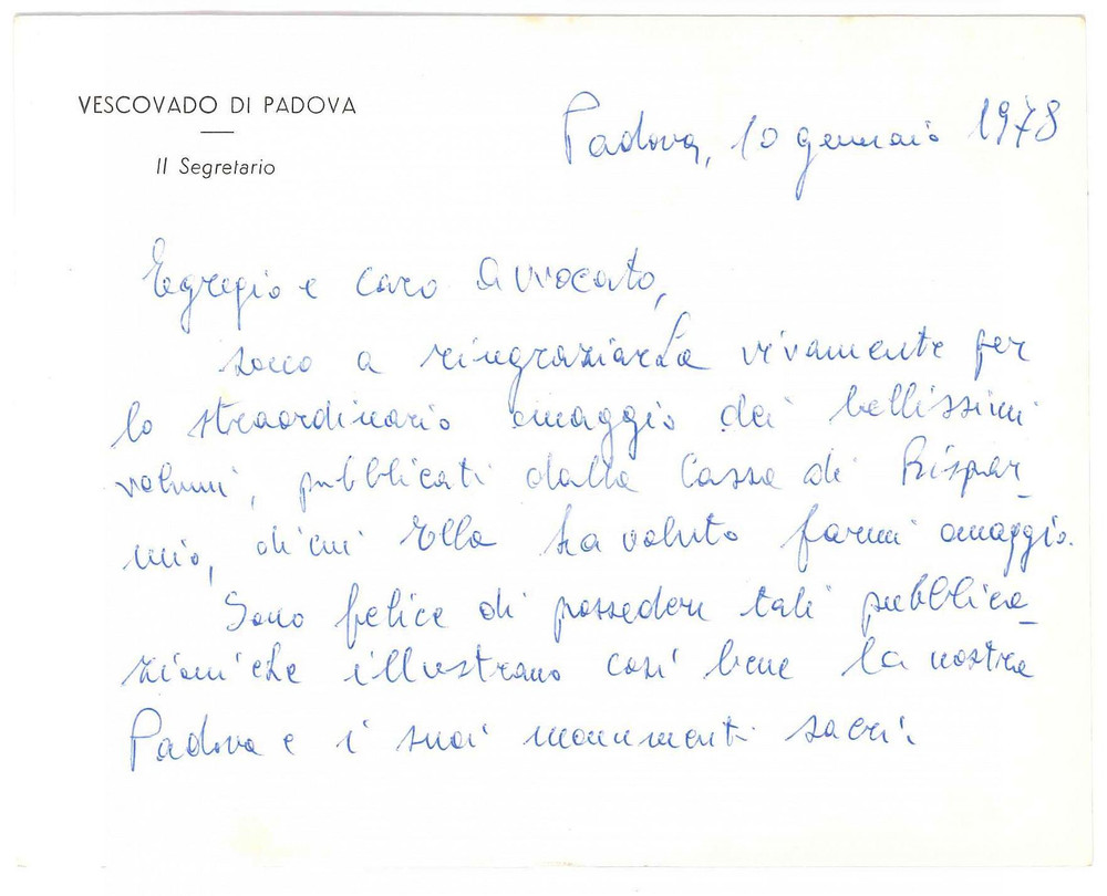 Autografo originale 1978 Vescovado di PADOVA Biglietto don Luigi ROSSI ringraziamento Autografo 1