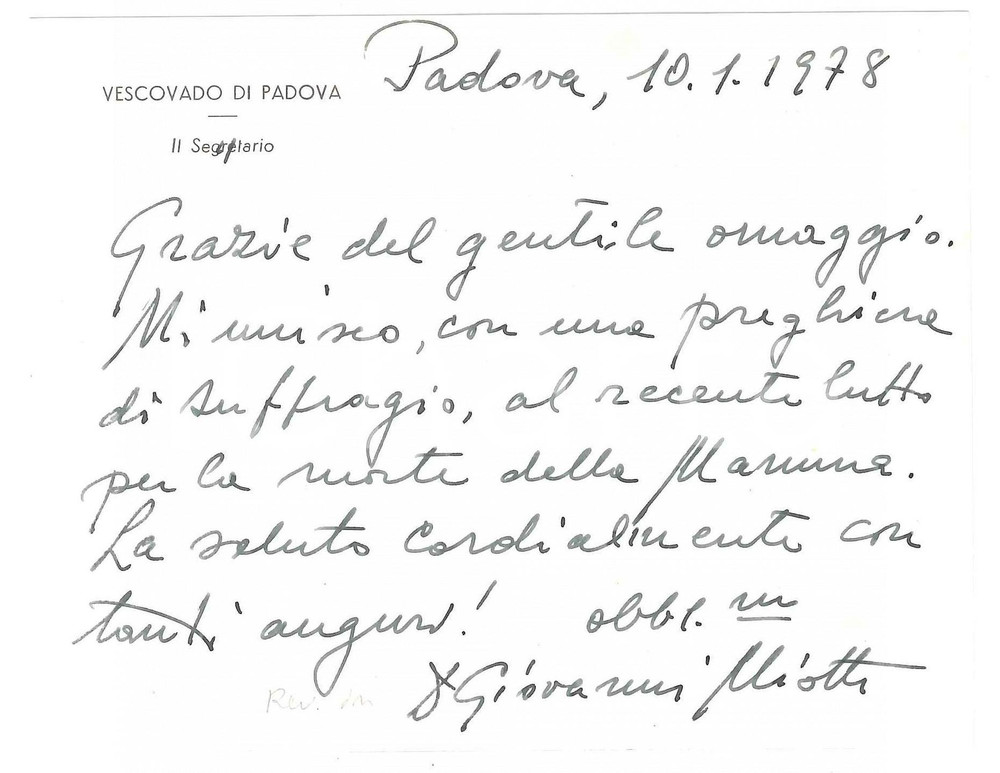 1978 Vescovado di PADOVA Biglietto don Giovanni MIOTTI ringraziamento *Autografo