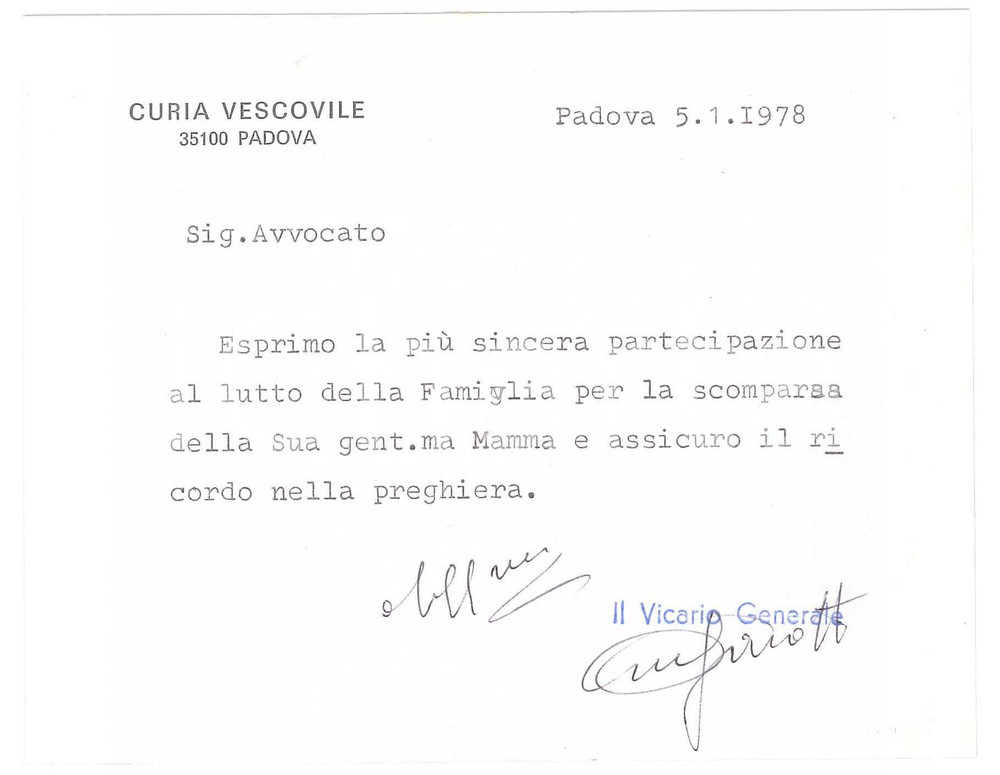 Autografo originale 1978 PADOVA Biglietto mons. Alfredo MAGAROTTO  Vicario generale  AUTOGRAFO 1
