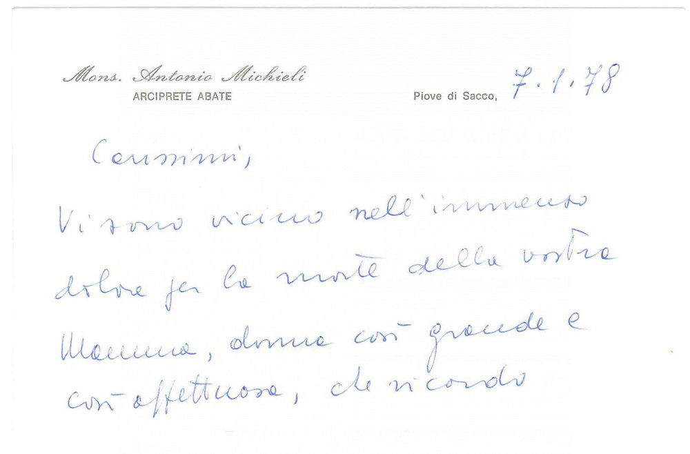 Autografo originale 1978 PIOVE DI SACCO Mons. Antonio MICHIELI Biglietto da visita AUTOGRAFO 13x8 cm 1