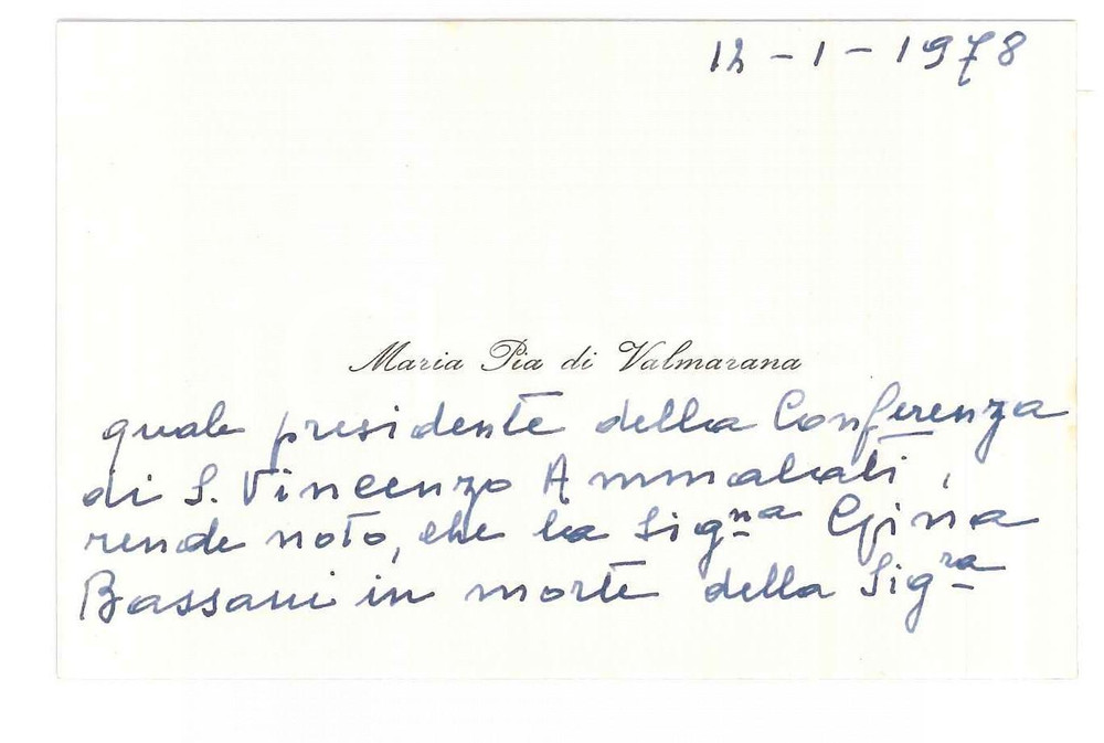 Autografo originale 1978 PADOVA Maria Pia DI VALMARANA Biglietto da visita AUTOGRAFO 10x7 cm 1