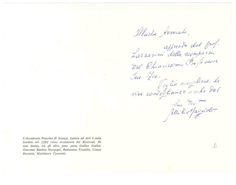 Autografo originale 1978 PADOVA Biglietto Attilio MAGGIOLI Accademia Patavina Scienze   Autografo 1