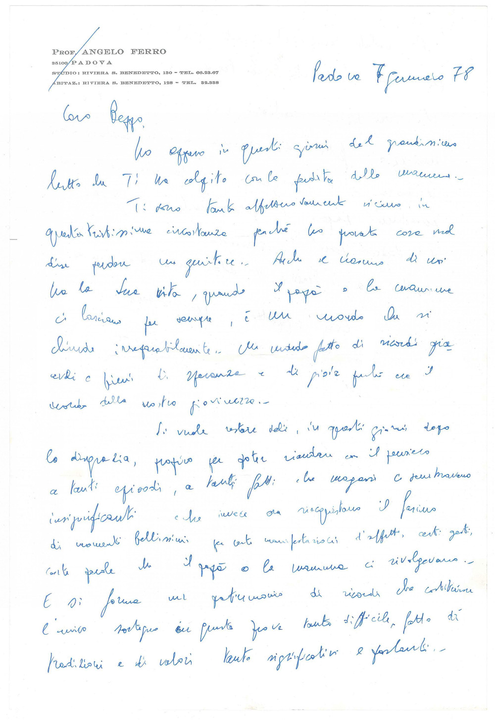 Autografo originale 1978 PADOVA Lettera Angelo FERRO per condoglianze  Autografo 1