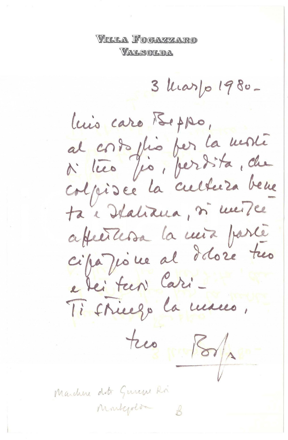 Autografo originale 1980 ORIA  VILLA FOGAZZARO  Lettera marchese Giuseppe ROI Autografo 1