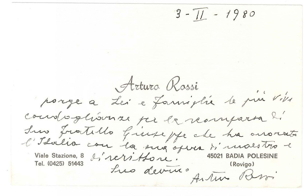 Autografo originale 1980 BADIA POLESINE RO Arturo ROSSI  Biglietto condoglianze AUTOGRAFO 1