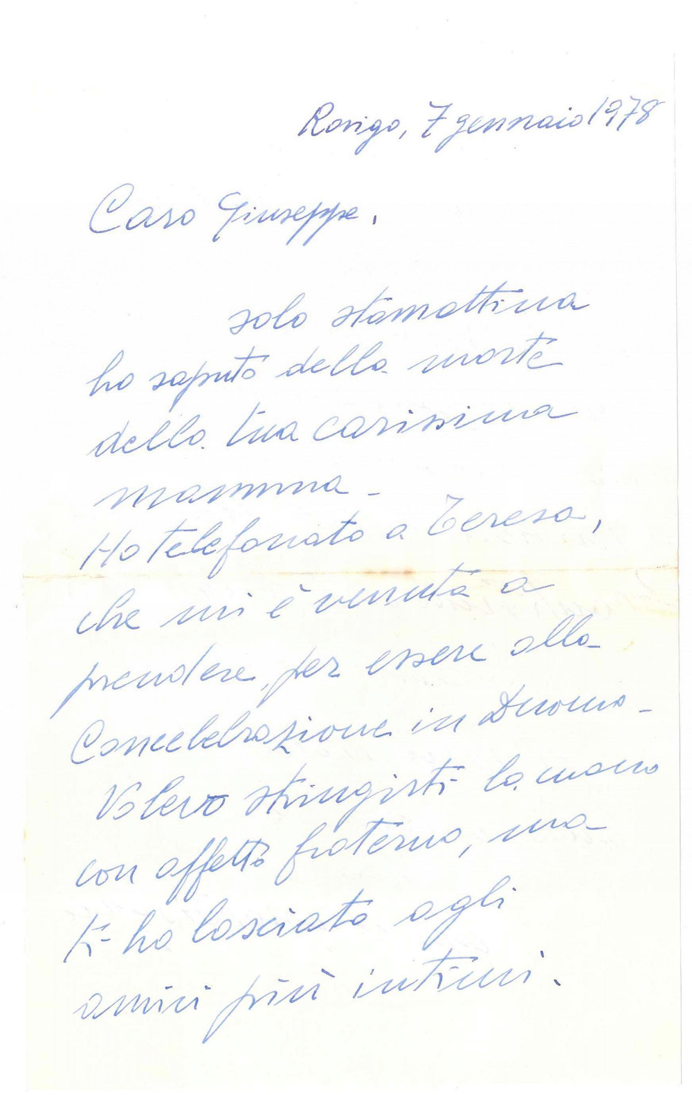1978 ROVIGO Lettera don Mario BISAGLIA per condoglianze - Autografo