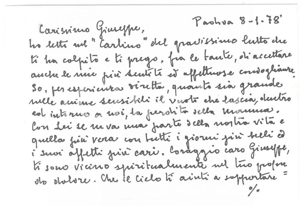 Autografo originale 1978 PADOVA Mario GORINI scrittore  Biglietto condoglianze AUTOGRAFO 1