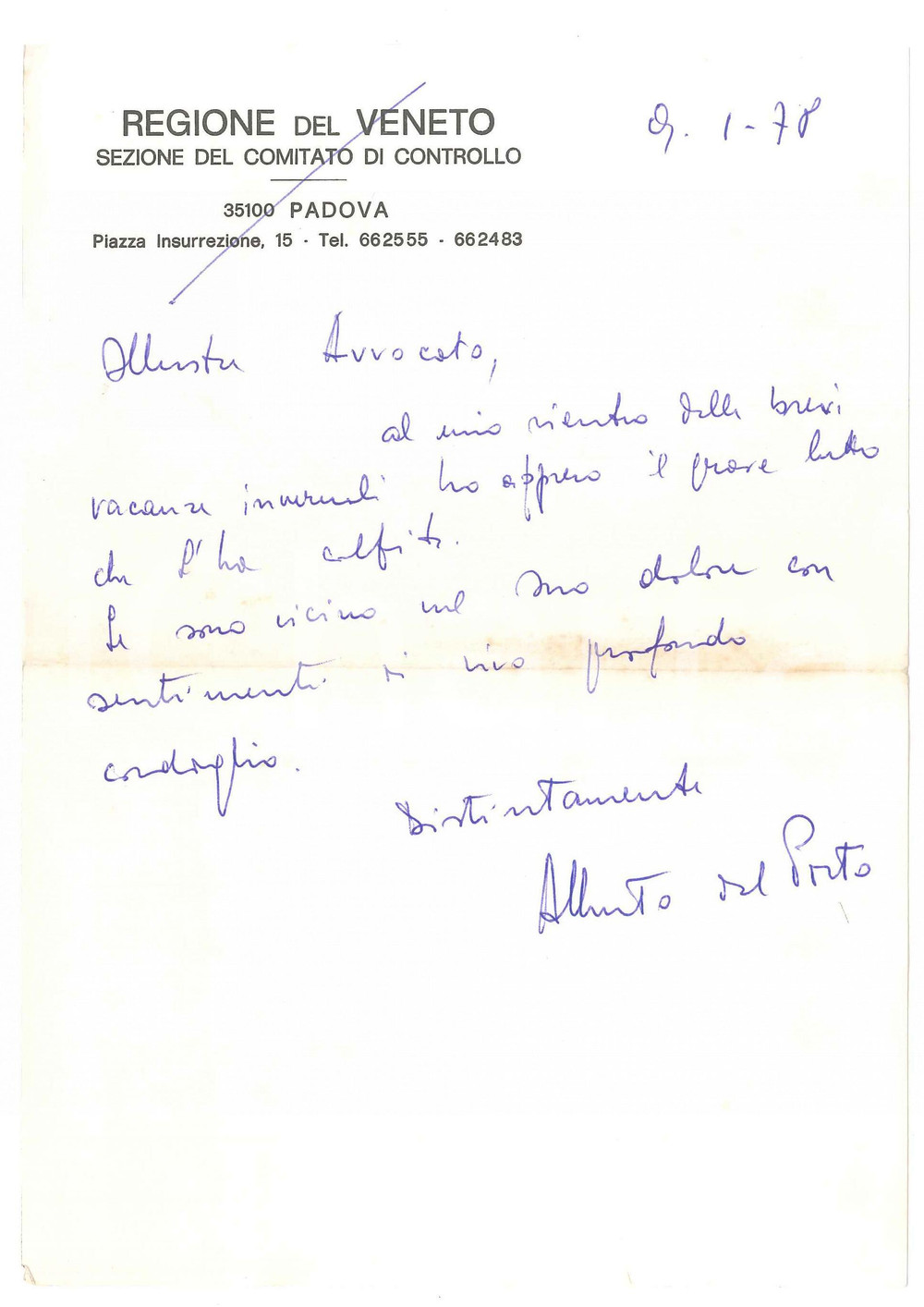 Autografo originale 1978 PADOVA Lettera Alberto DEL PORTO  Regione VENETO   Autografo 1