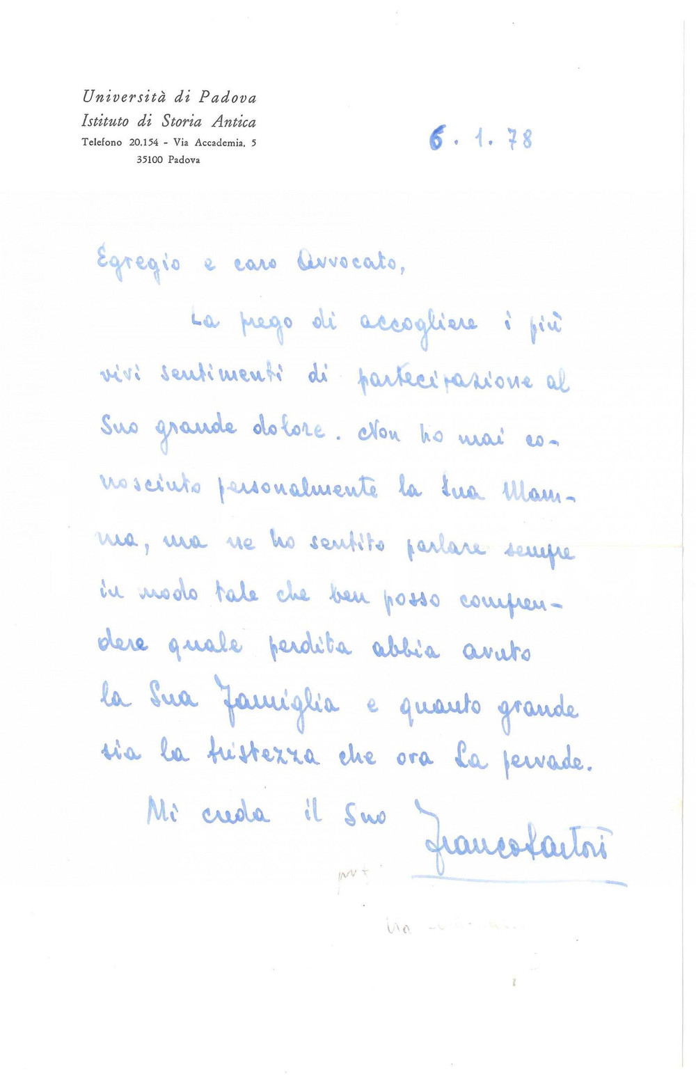 Autografo originale 1978 UniversitÃ  di PADOVA  Lettera Franco SARTORI per condoglianze Autografo 1