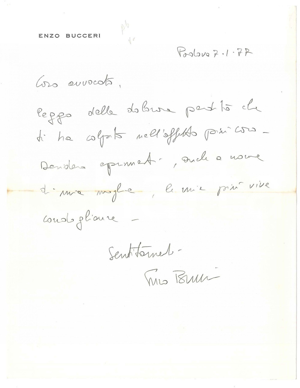 Autografo originale 1977 PADOVA Lettera Enzo BUCCERI per condoglianze Autografo 1