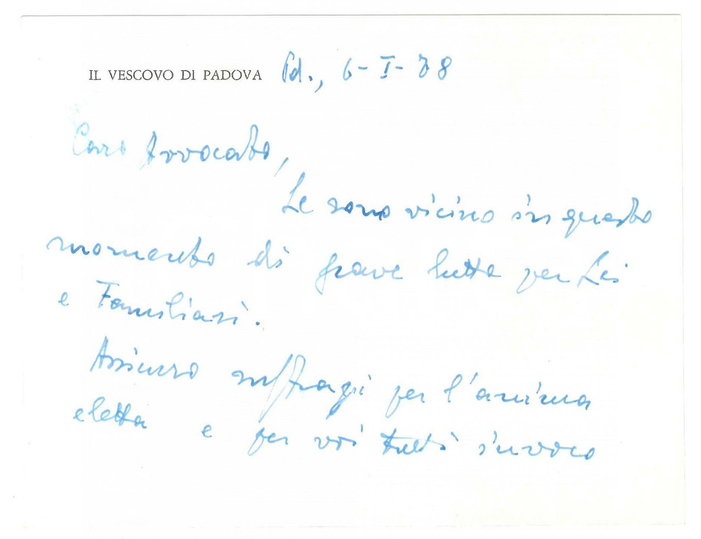 Autografo originale 1978 PADOVA  Biglietto vescovo mons. Girolamo Bartolomeo BORTIGNON Autografo 1
