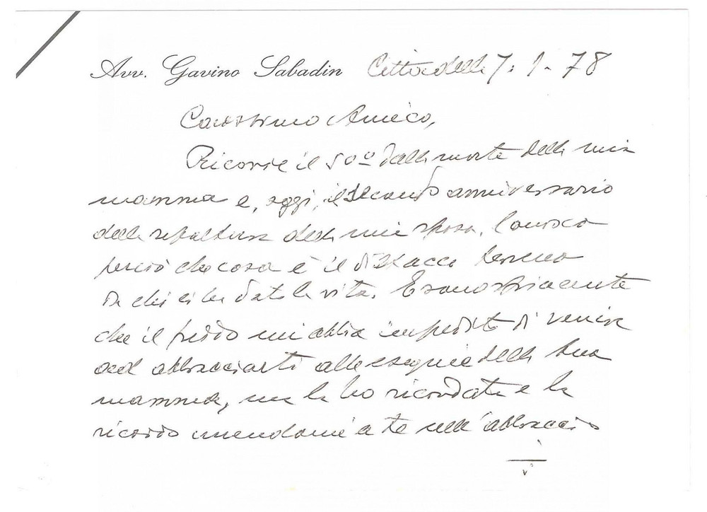 Autografo originale 1978 CITTADELLA PD Biglietto avv. Gavino SABADIN a un amico  Autografo 1