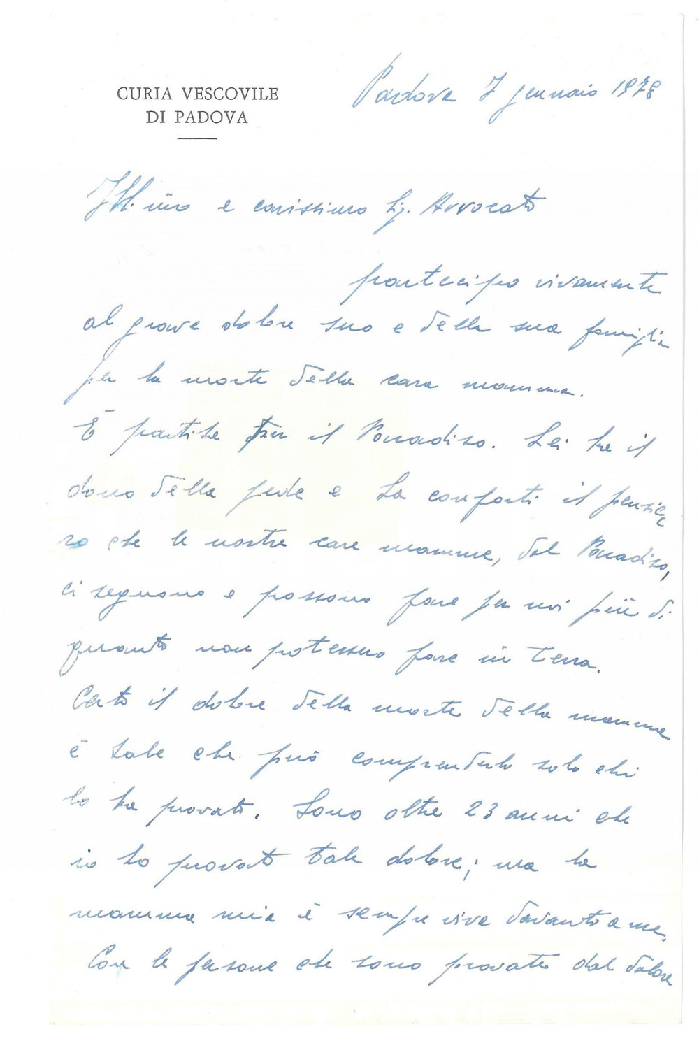 Autografo originale 1978 PADOVA Lettera mons. Agostino BELLATO  Curia Vescovile  Autografo 1
