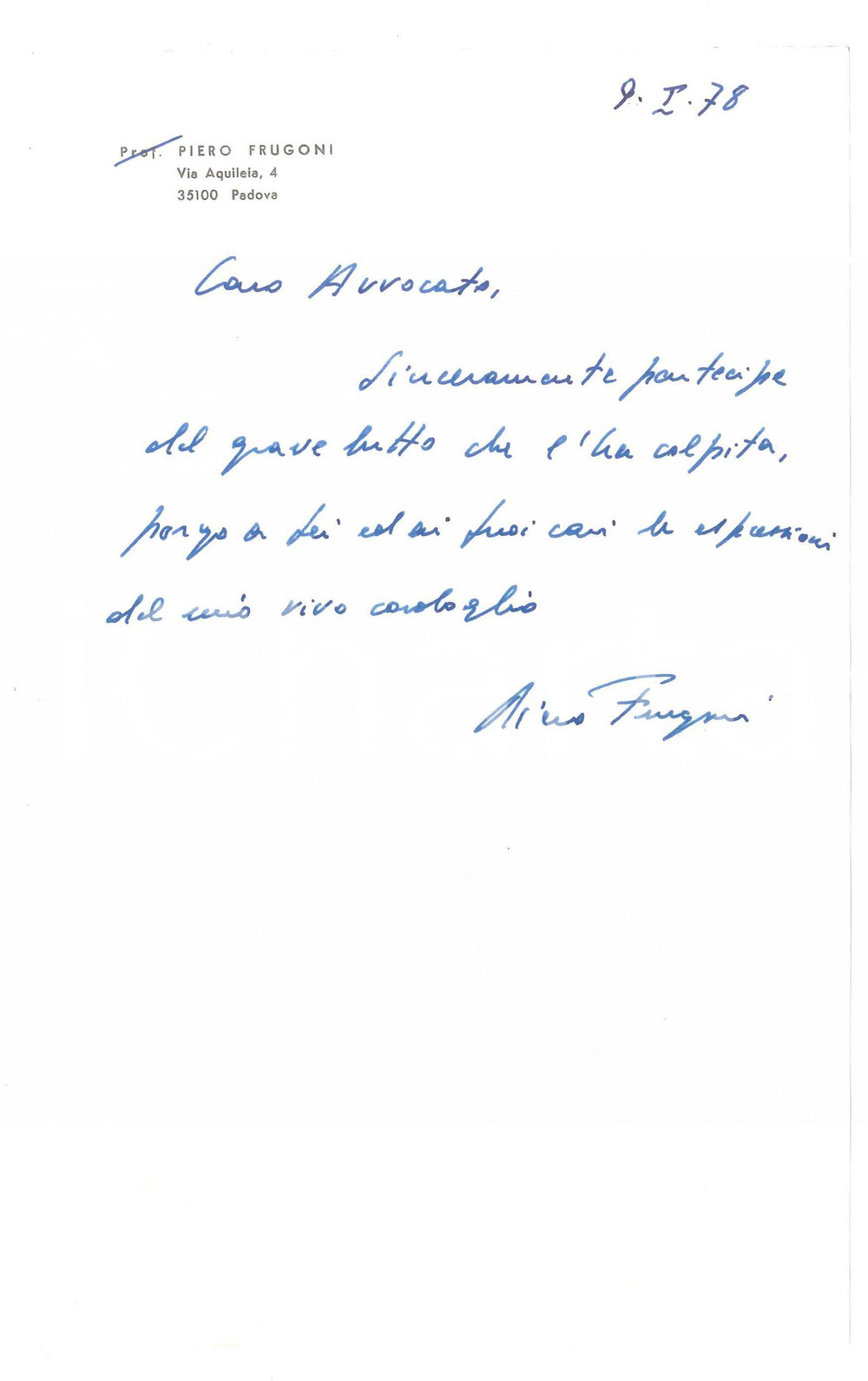 Autografo originale 1978 PADOVA Lettera Piero FRUGONI per condoglianze  Autografo 1