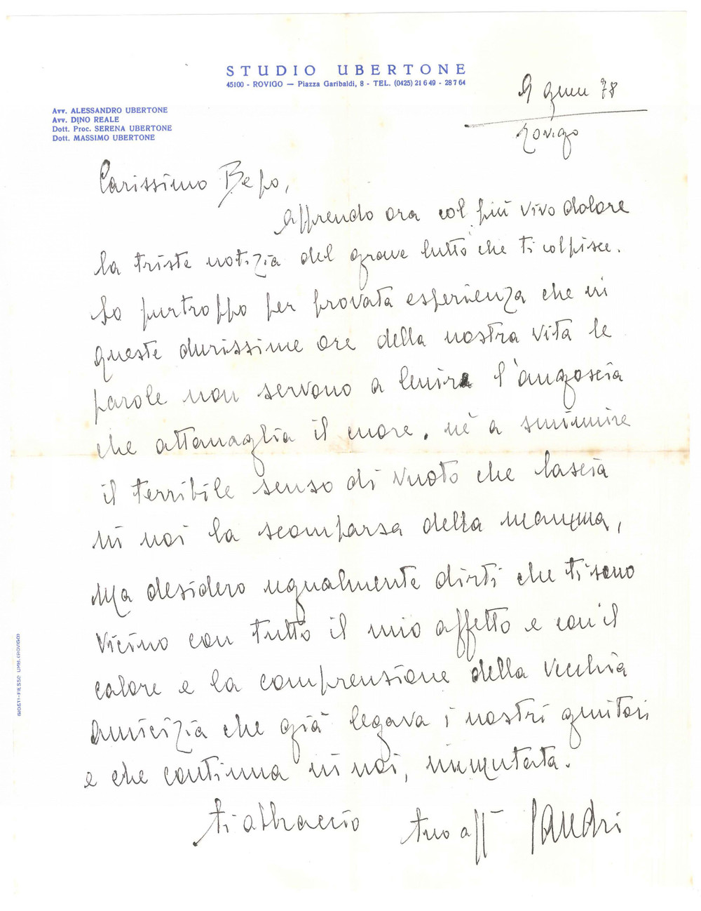 Autografo originale 1978 ROVIGO Lettera avv. Alessandro UBERTONE per condoglianze  Autografo 1