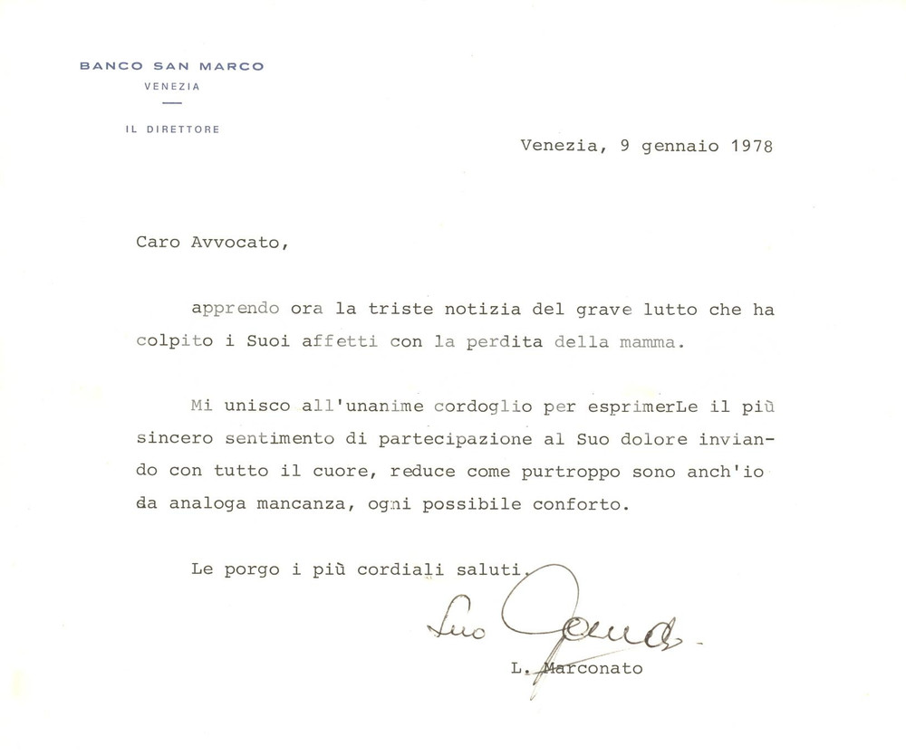 Autografo originale 1978 VENEZIA  Banco San Marco  Lettera Livio MARCONATO direttore  Autografo 1