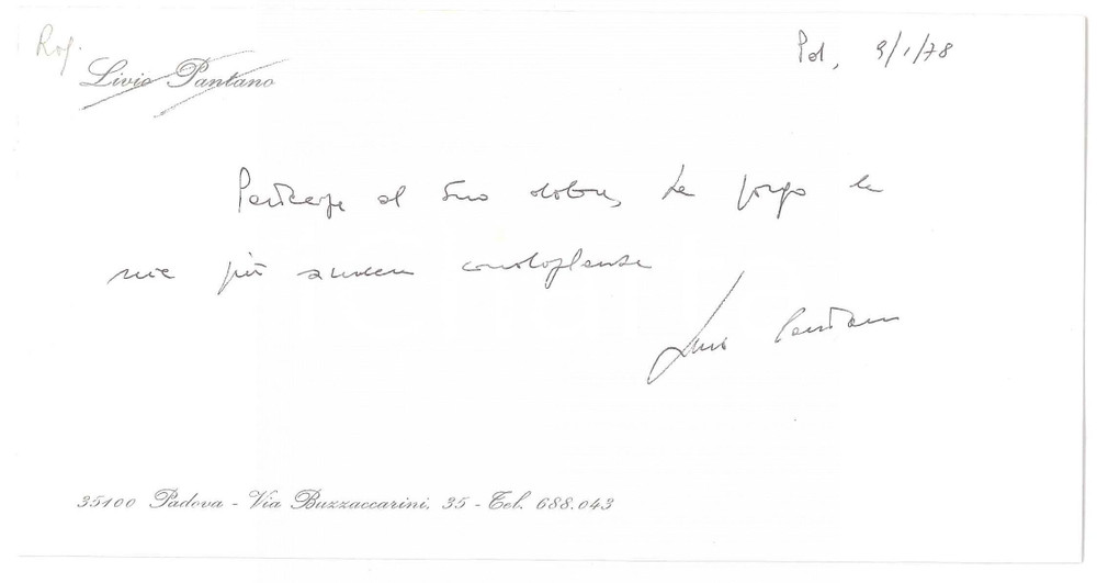 Autografo originale 1978 PADOVA Biglietto prof. Livio PANTANO per lutto  Autografo 1