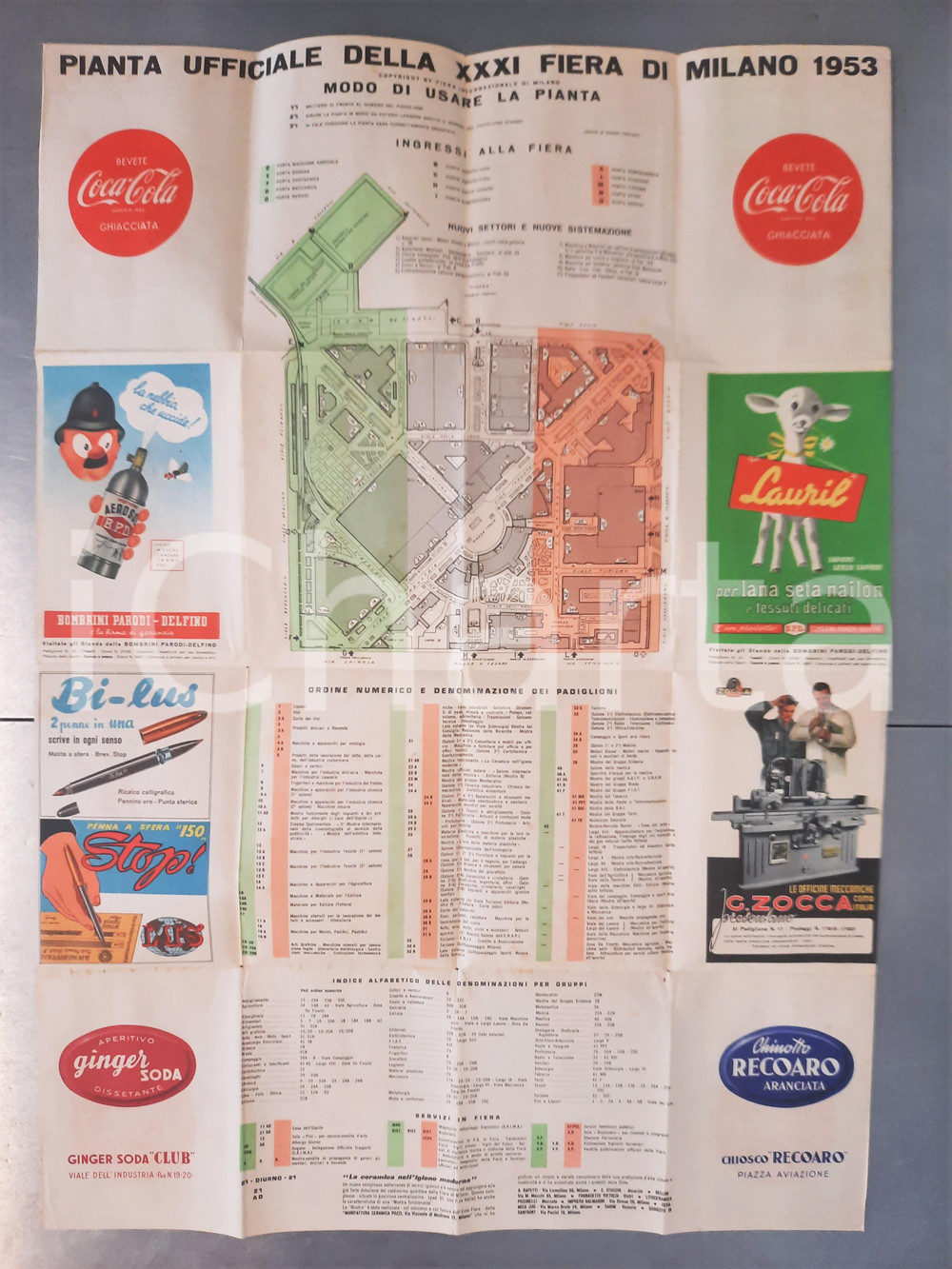 Materiale pubblicitario d’epoca 1953 FIERA DI MILANO  Pianta ufficiale pubblicitaria COCACOLA RECOARO 1