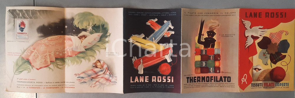 Materiale pubblicitario d’epoca 1950 ca MILANO  LANE ROSSI  Tessuti filati coperte Pieghevole ILLUSTRATO 1