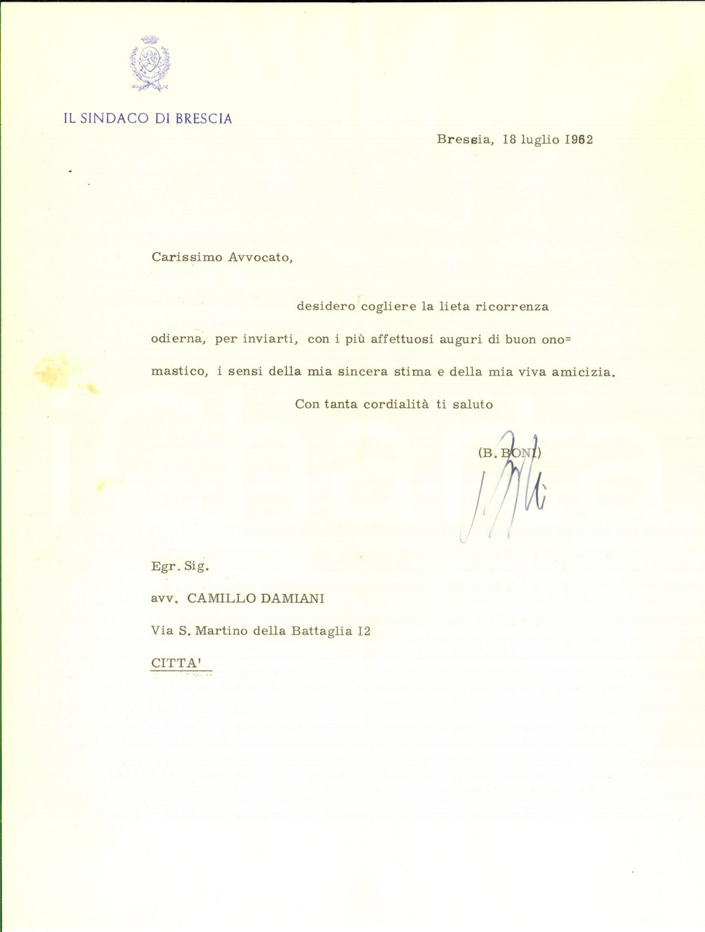 Autografo originale 1962 BRESCIA Sindaco Bruno BONI  Lettera di auguri  AUTOGRAFO 1