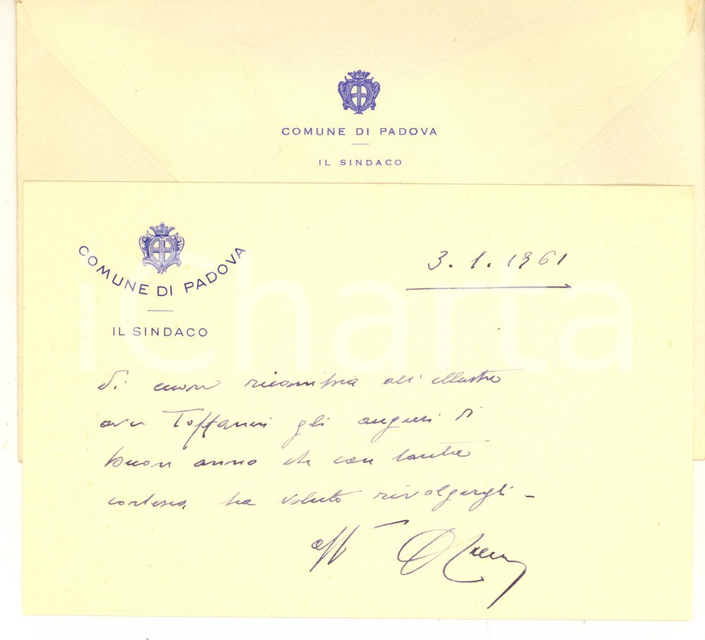 Autografo originale 1961 PADOVA Sindaco Cesare CRESCENTE  Biglietto di auguri AUTOGRAFO 1