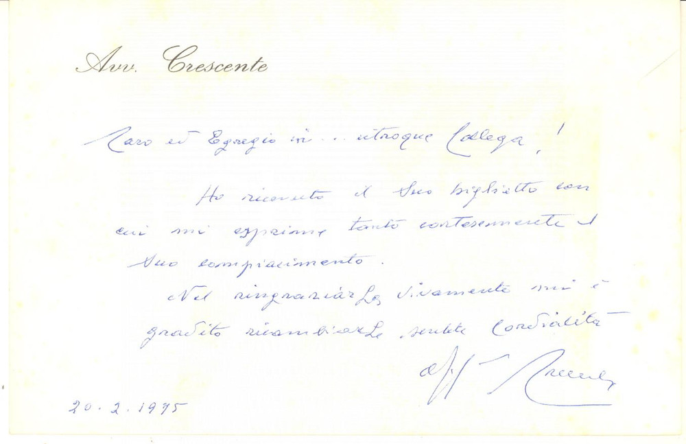 Autografo originale 1975 PADOVA Cesare CRESCENTE  Biglietto di ringraziamento AUTOGRAFO 1