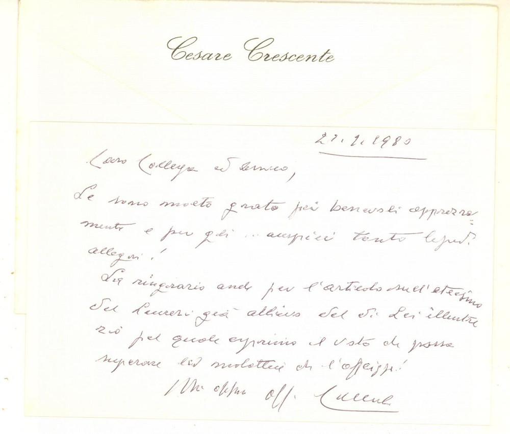 Autografo originale 1980 PADOVA Cesare CRESCENTE  Biglietto di ringraziamento AUTOGRAFO 1