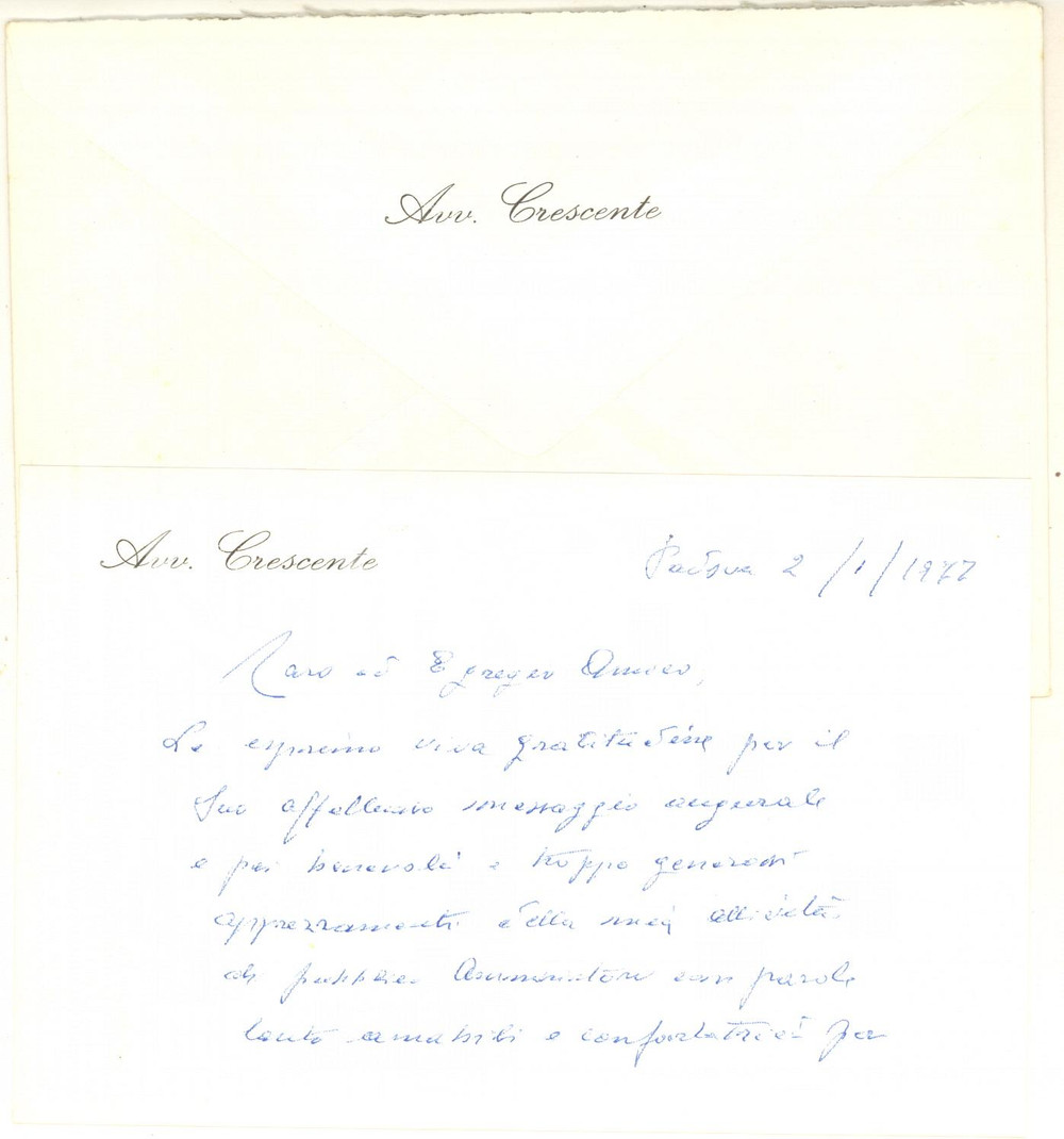 Autografo originale 1972 PADOVA Biglietto Cesare CRESCENTE  Ringraziamento AUTOGRAFO 1
