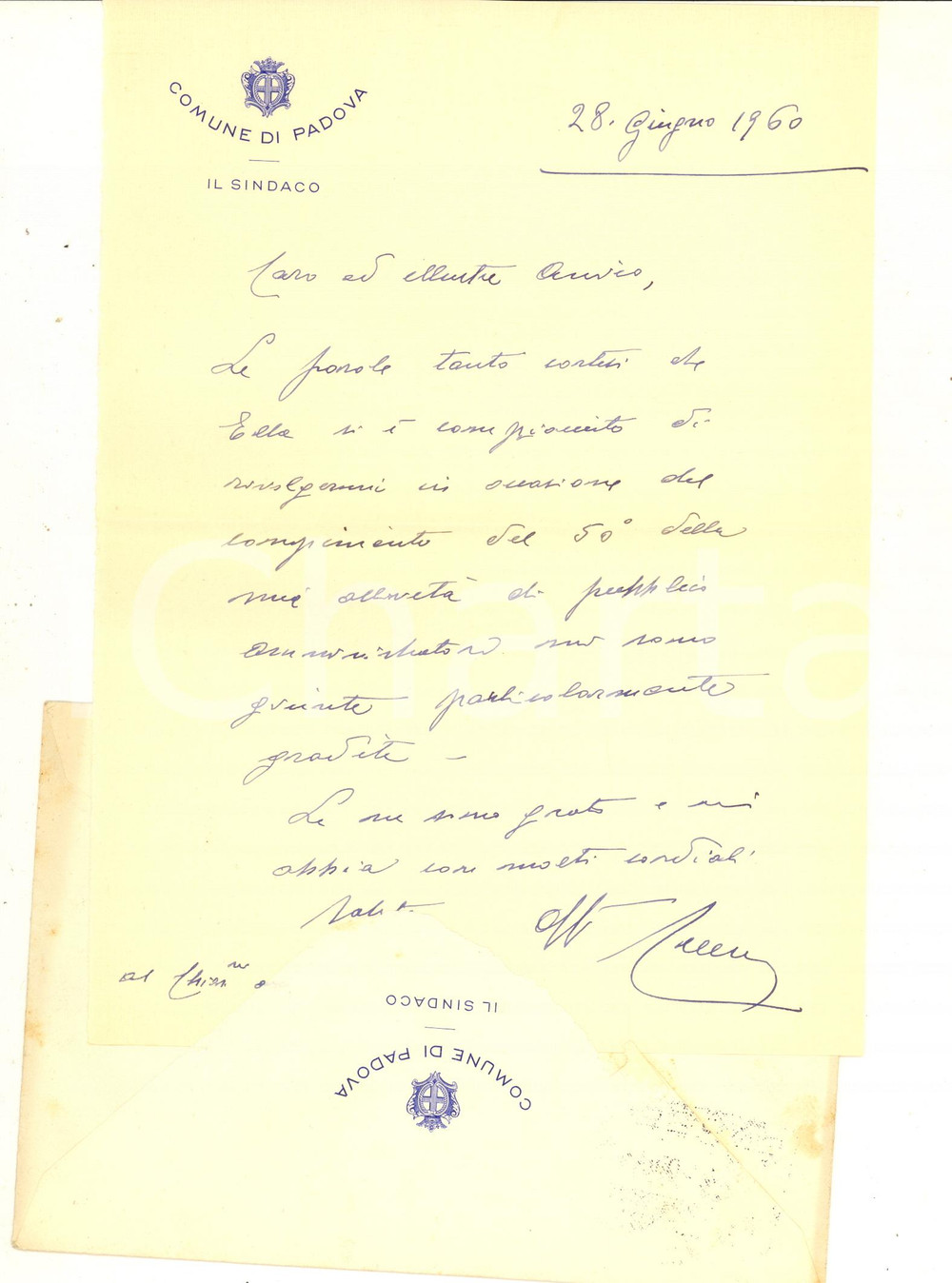 Autografo originale 1960 PADOVA Sindaco Cesare CRESCENTE  Lettera di ringraziamento AUTOGRAFO 1