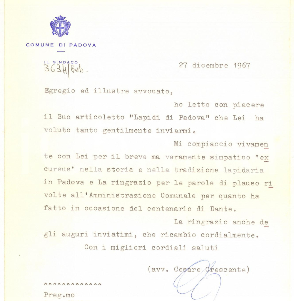 Autografo originale 1967 PADOVA Lettera sindaco Cesare CRESCENTE  Ringraziamento AUTOGRAFO 1
