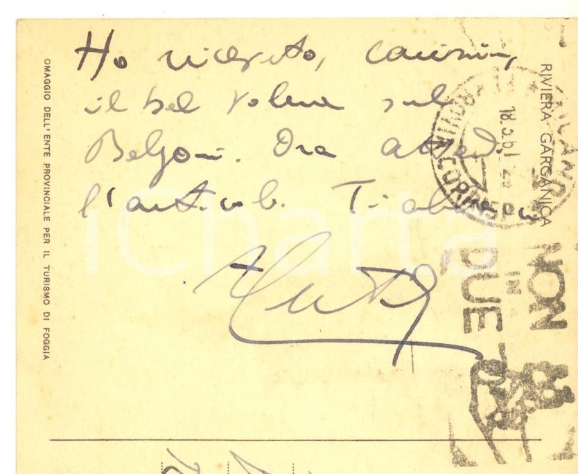 Autografo originale 1961 RIVIERA GARGANICA Cartolina Alessandro CUTOLO per ringraziamento Autografo 1