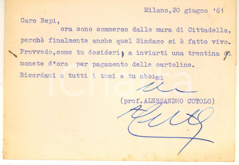 Autografo originale 1961 MILANO Cartolina Alessandro CUTOLO  Mensile HISTORIA Autografo 1