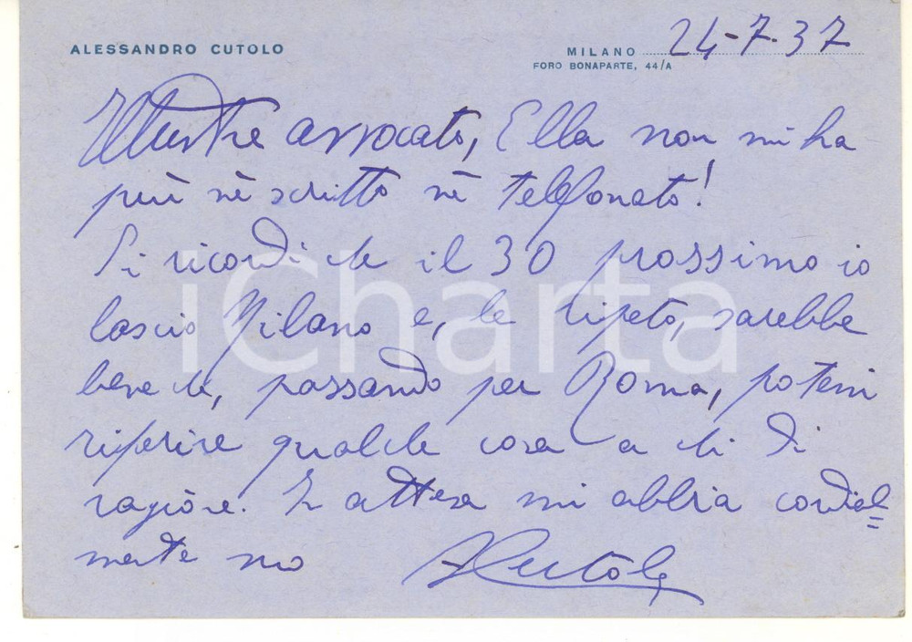 Autografo originale 1937 MILANO Cartolina Alessandro CUTOLO in partenza  AUTOGRAFO 1