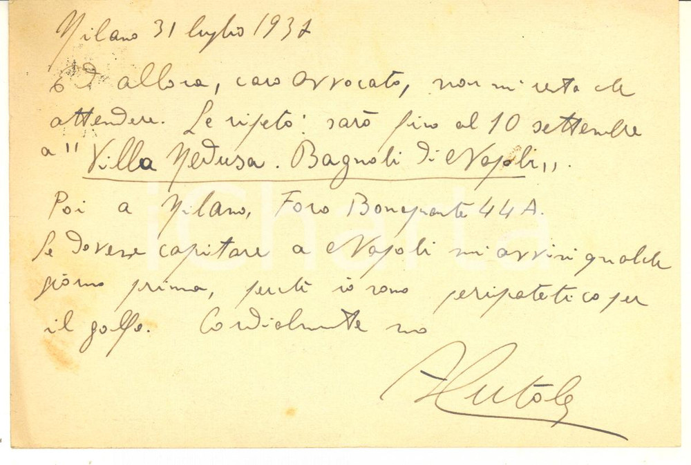 Autografo originale 1937 MILANO R. Archivio di Stato  Cartolina Alessandro CUTOLO  AUTOGRAFO 1