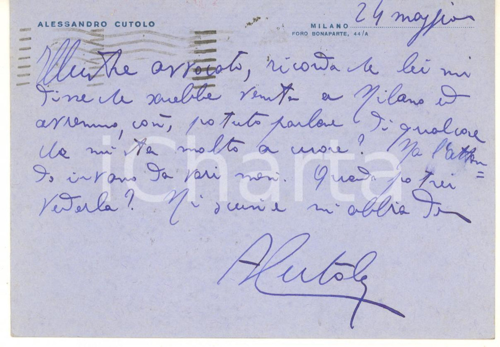 Autografo originale 1937 MILANO Cartolina Alessandro CUTOLO per appuntamento  AUTOGRAFO 1
