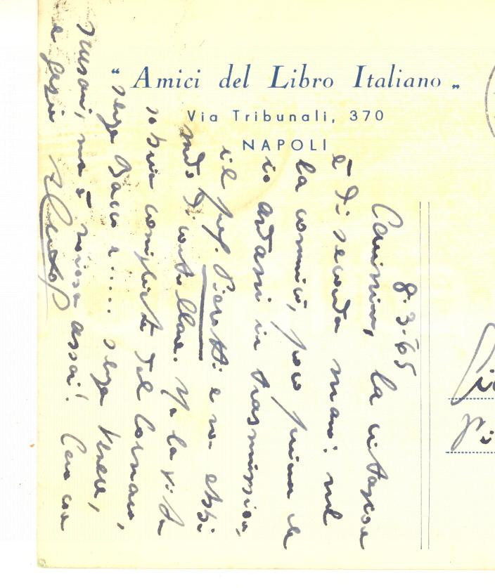 Autografo originale 1965 NAPOLI Amici del Libro Italiano  Cartolina Alessandro CUTOLO AUTOGRAFO 1