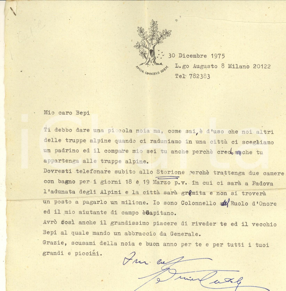 Autografo originale 1975 MILANO Lettera Alessandro CUTOLO per prenotazione AUTOGRAFO 1