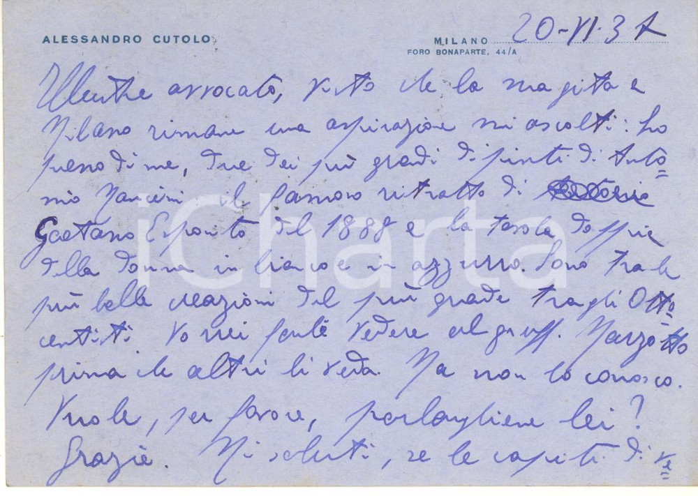 Autografo originale 1937 MILANO Cartolina Alessandro CUTOLO su quadri Antonio MANCINI  AUTOGRAFO 1