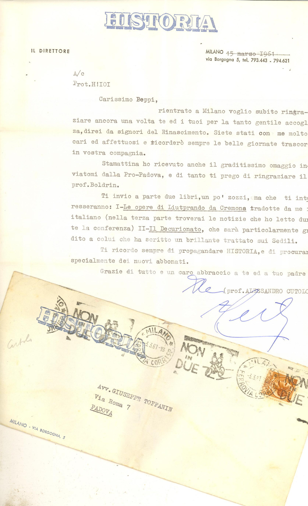 Autografo originale 1961 MILANO  HISTORIA  Lettera Alessandro CUTOLO per invio libri AUTOGRAFO 1