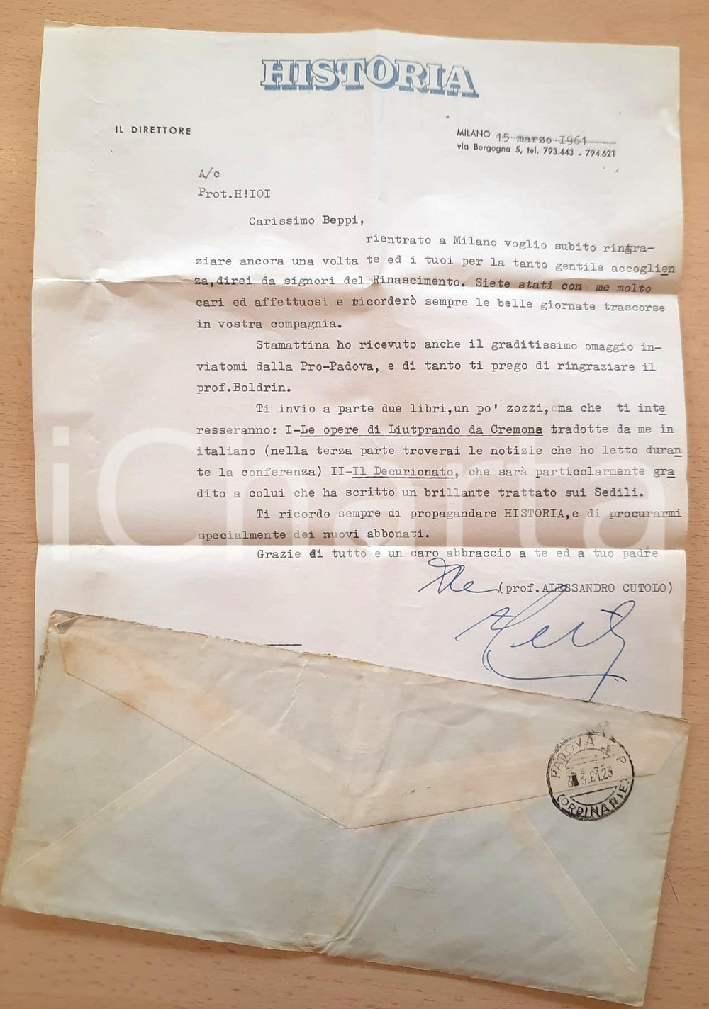Autografo originale 1961 MILANO  HISTORIA  Lettera Alessandro CUTOLO per invio libri AUTOGRAFO 1