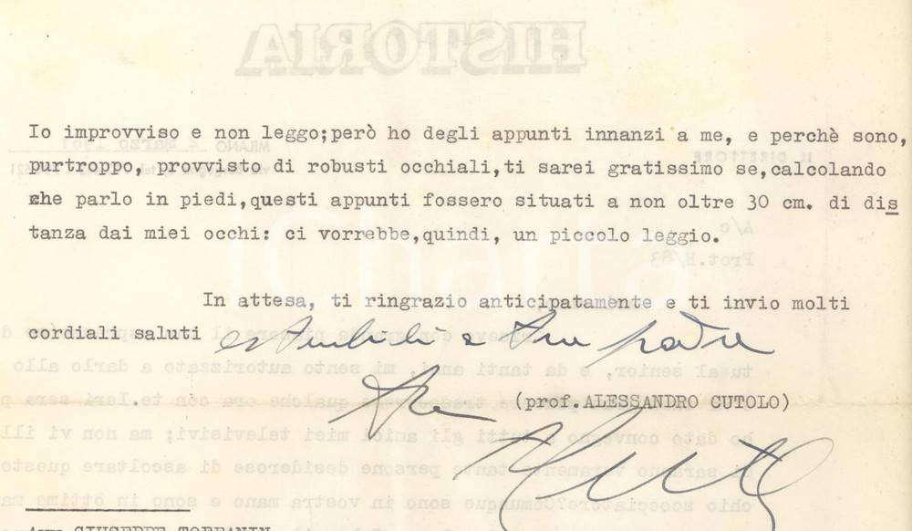 Autografo originale 1961 MILANO  HISTORIA  Lettera Alessandro CUTOLO per conferenza AUTOGRAFO 1