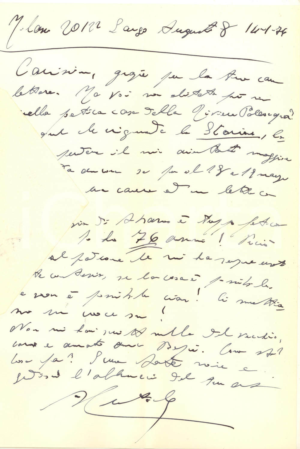 Autografo originale 1974 MILANO  Lettera Alessandro CUTOLO per viaggio AUTOGRAFO 1