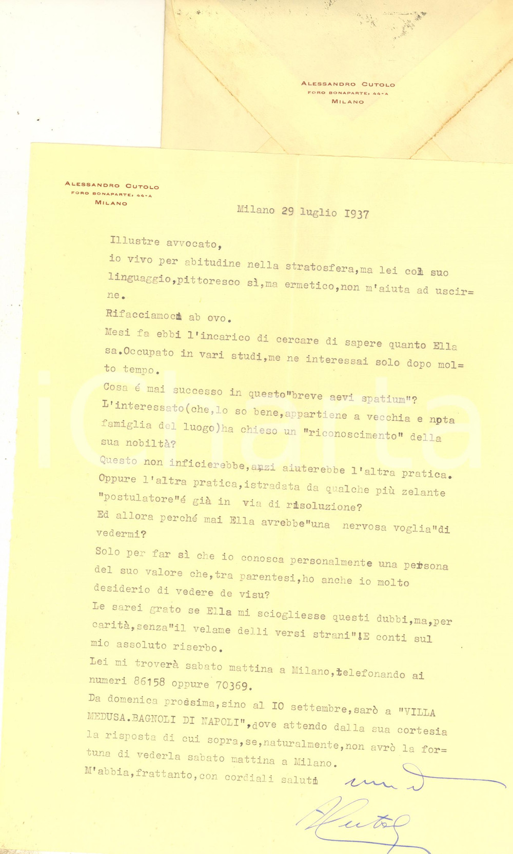 Autografo originale 1937 MILANO Lettera Alessandro CUTOLO per una pratica AUTOGRAFO 1