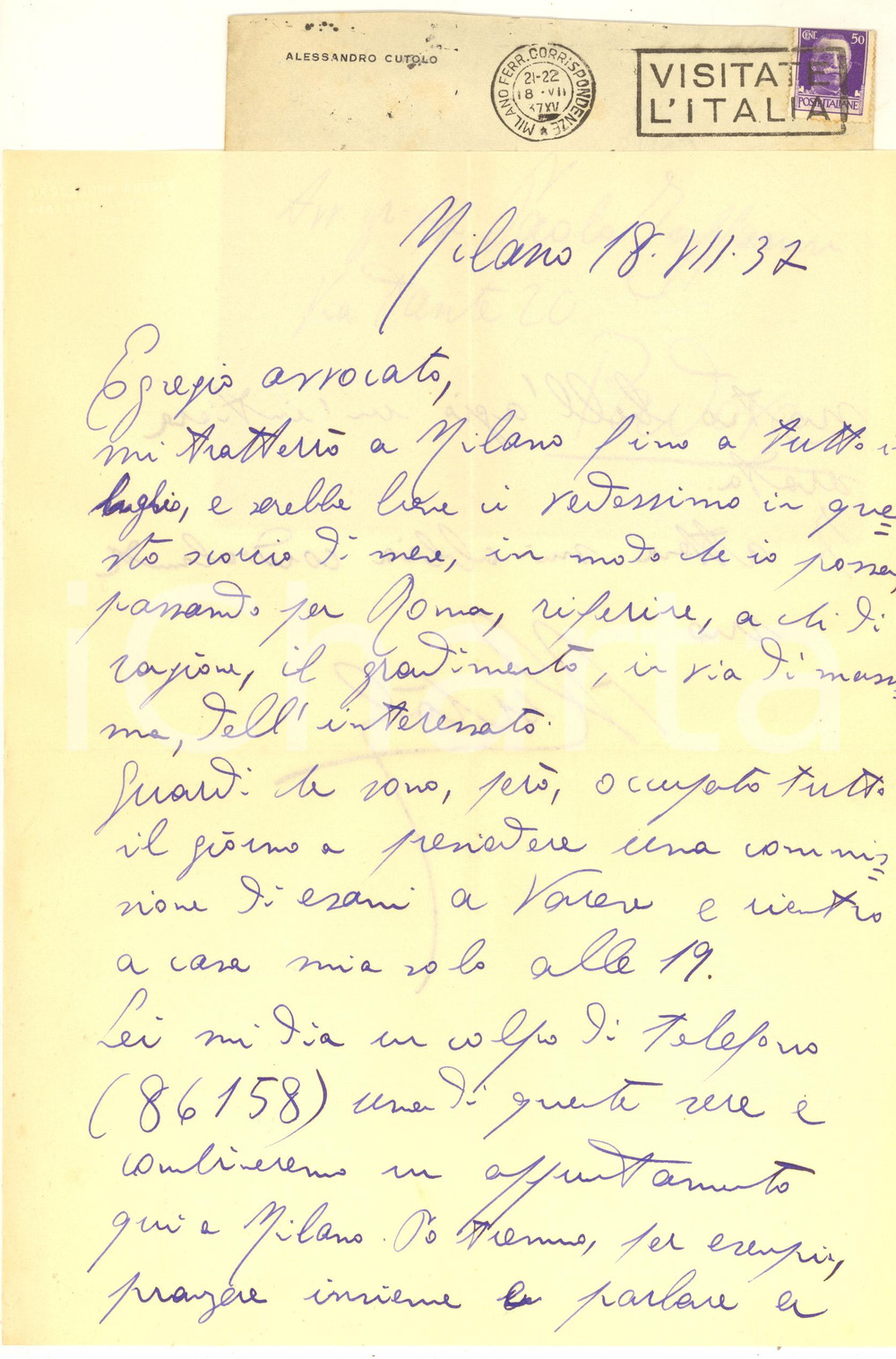 Autografo originale 1937 MILANO Lettera Alessandro CUTOLO per appuntamento AUTOGRAFO 1