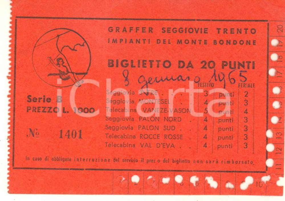 Oggetto da collezione cartaceo 1965 GRAFFER Seggiovie TRENTO  Impianti Monte BONDONE  Biglietto 1